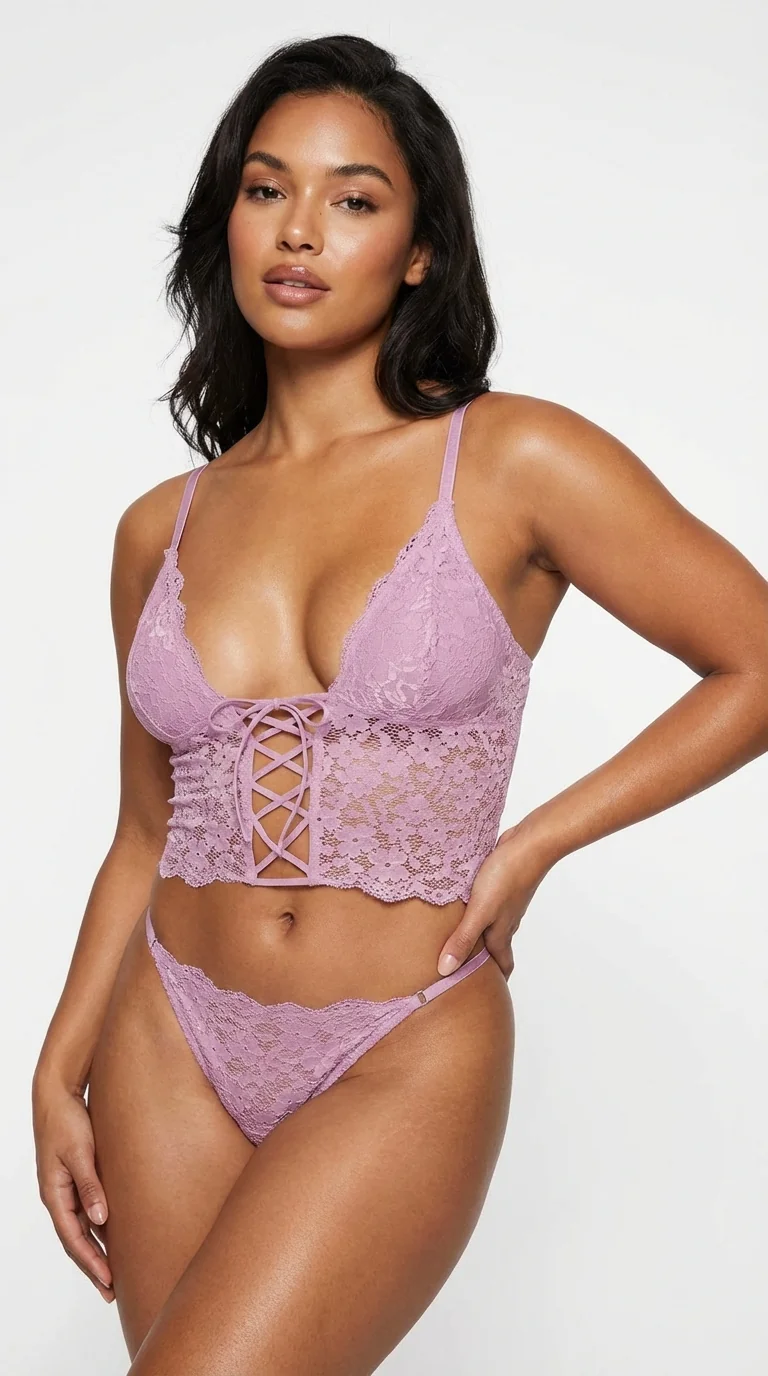 LunaIntim Terra Cotta Korse Görünümlü Büstiyer Önden Bağcıklı ve Dantelli Boş Kap Sütyen - Korse Görünümlü Detay